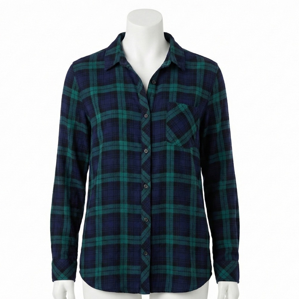 BeachLunchLounge Plaid Button Down Shirt XL Navy Green Soft Flannel Long Sleeve